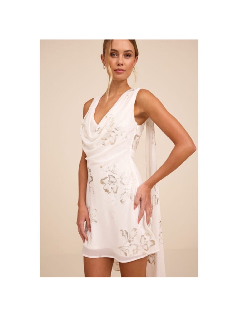 Lulu's White Cowl Neck Floral Embellished Mini Dress